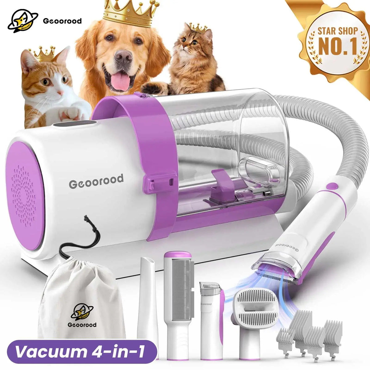 【Geoorood】 Geoorood Dog Grooming All-In-One Kit with Vacuum Brush 2.5L Large Pog, Stainless Steel Blades Lightweight Design 13Kpa Suction Force Portable Cleaning Set#Backtoschool
